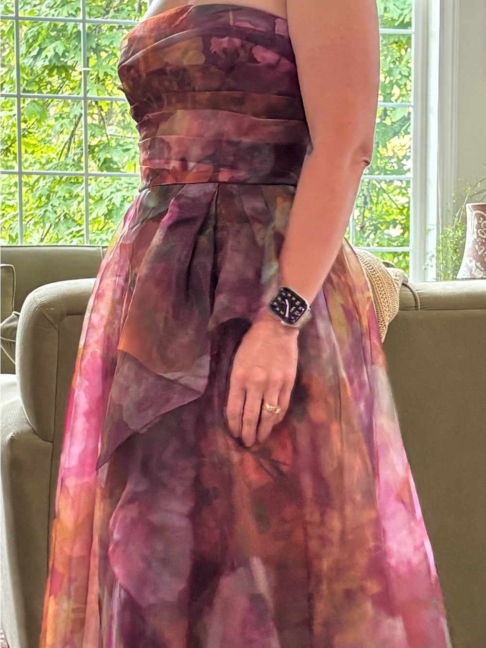 Theia Strapless Watercolor Evening Gown in Purple, Pink and Brown